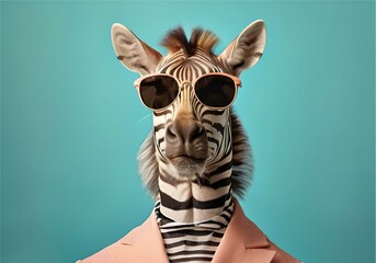Creative animal concept. Zebra in sunglass shade glasses isolated on solid pastel background,...