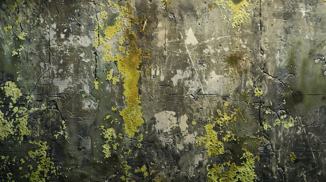 Grunge texture. Weathered concrete wall with yellow moss.