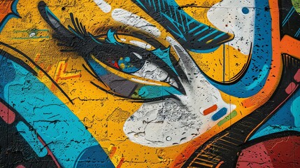 A close-up of a graffiti-covered wall with an eye. The eye is painted in blue and white, with black and yellow accents.