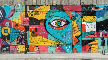 A man is standing in front of a colorful mural. The mural is painted on a concrete wall and features bright colors and abstract shapes.