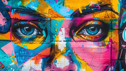 A colorful graffiti of a woman's face with blue eyes. The graffiti is made with bright colors and has a street art style.