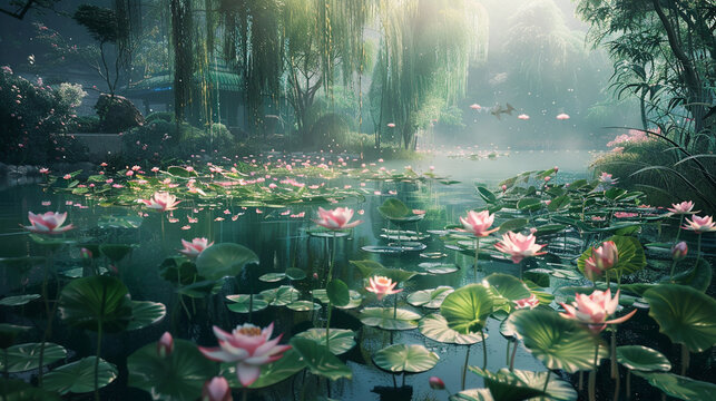 A serene pond blanketed with delicate water lilies in full bloom.