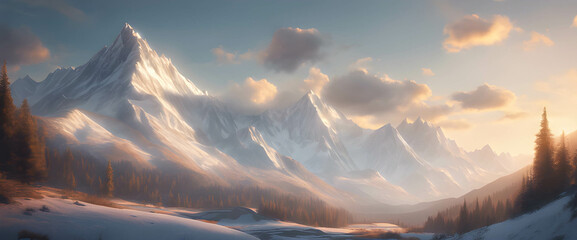Sundown and dawn over snowy peaks background cover banner - obrazy, fototapety, plakaty