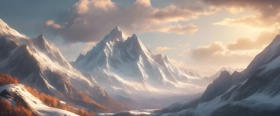 Sundown and dawn over snowy peaks background cover banner