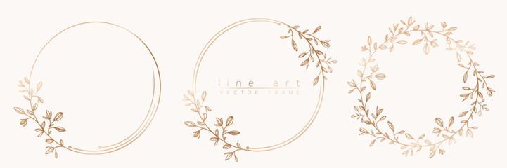 Fototapeta na wymiar Botanical golden circle frame set. Hand drawn round line wreath, leaves and flowers for wedding invitation and cards, logo design, social media and posters template. Elegant minimal floral vector.