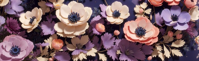 a whimsical banner background featuring anemones in shades of mauve, indigo, and soft peach , a fairy garden - obrazy, fototapety, plakaty