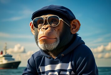 portrait of a chimp , chimpanzee in sunglasses, funny monkey with glasses, monkey wearing a sweatshirt
