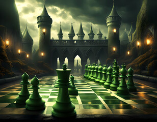 Medieval castle and chessboard. Edited AI generated image  - 765660170