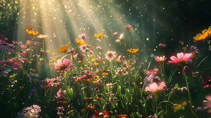 Sunlight filtering through a vibrant cluster of blooming wildflowers.