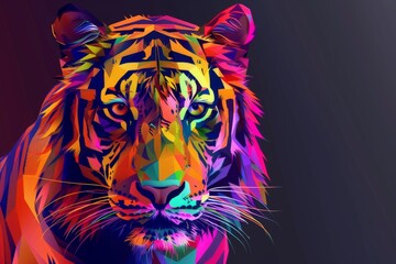 A tiger's face rendered in a dramatic low-poly style, featuring a vivid color palette against a contrasting dark backdrop.