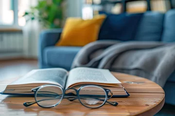 Fototapeten book with eyeglasses on wooden table in front of cozy couch © wernerimages