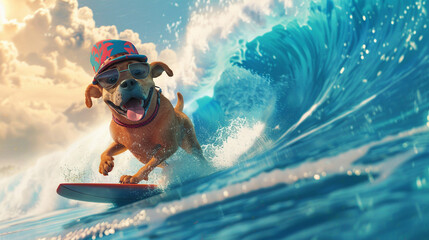 An animated scene where a playful dog surfs a giant wave wearing a quirky hat capturing the fun and adventure of vacation in a comical light - obrazy, fototapety, plakaty