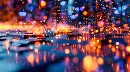 Nighttime city scene with abstract bokeh lights, creating a vibrant and dynamic atmosphere that captures the energy of urban nightlife