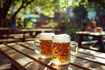 close-up of two beer mugs on a wooden table in an outdoor restaurant - obrazy, fototapety, plakaty