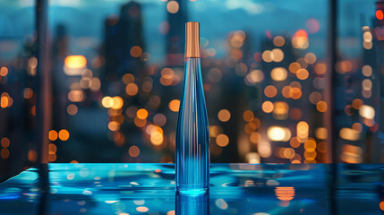 A sleek, modern bottle standing against a backdrop of city lights. - obrazy, fototapety, plakaty