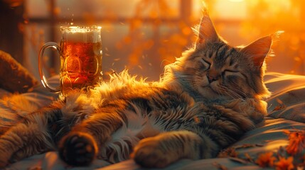 A cat lounging with a beer mug tipsy - obrazy, fototapety, plakaty