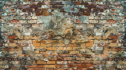 A brick wall with peeling paint. The bricks are a variety of colors, including red, brown, and yellow. The wall is in need of repair.