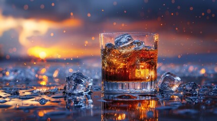 alcohol whiskey scotch drink in glass and ice cubes 