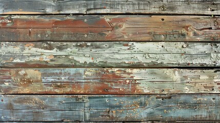Rustic wooden fence background with peeling paint in various colors. Weathered wood texture in shades of brown, blue, and green.