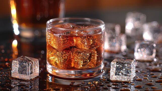 alcohol whiskey scotch drink in glass and ice cubes 