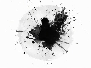 Black ink splatted onto white background, Black ink splat with splatter and copyspace. - obrazy, fototapety, plakaty
