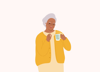 One Smiling Black Elderly Woman Taking Medicine With A Glass Of Water. Half Length.