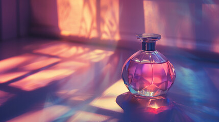Soft shadows casting an ethereal glow on a perfume flask. - obrazy, fototapety, plakaty