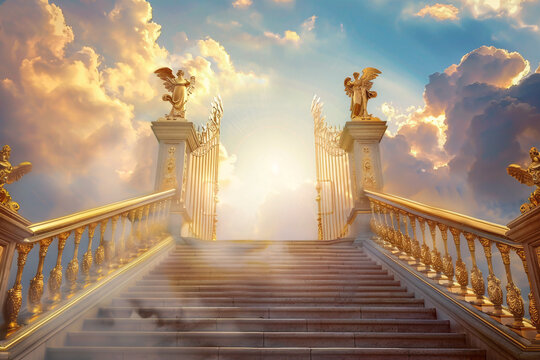 Heavenly staircase with golden statues leading to a bright light