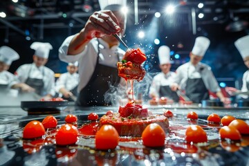 Professional Chef Garnishing Exquisite Dish with Fresh Tomatoes in a Modern Restaurant Kitchen with Culinary Team at Work