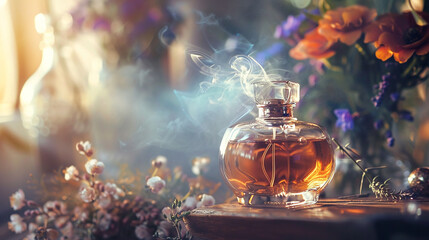 Wisps of aromatic mist escaping from a vintage perfume flask. - obrazy, fototapety, plakaty