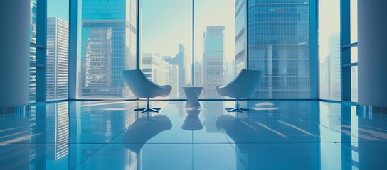 Abstract background of a modern office interior with panoramic windows overlooking the city, with light reflections on the floor and glass walls, showing skyscrapers outside the window