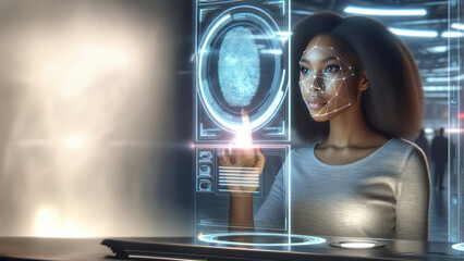 A woman engages with a futuristic biometric security system using fingerprint identification and facial recognition - obrazy, fototapety, plakaty