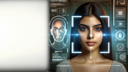 An intelligent gaze, a young woman navigates a digital interface showcasing facial recognition technology and analytics