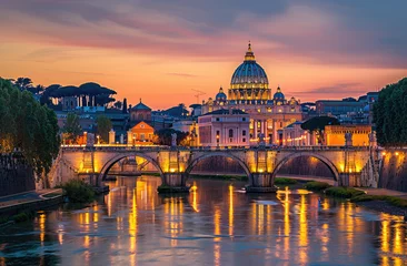 Fotobehang The iconic St Peter's Basilica and the Spanish Bridge at sunset, Rome Italy with illuminated buildings © Kien
