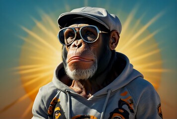 portrait of a chimp , chimpanzee in sunglasses, funny monkey with glasses, monkey wearing a sweatshirt
 - obrazy, fototapety, plakaty