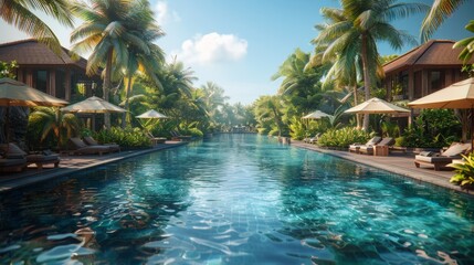 Obraz premium Large Pool With Palm Trees and Umbrellas