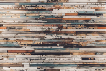 A wall made of wood with many different colored boards