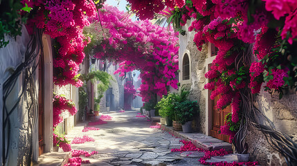 Picturesque summer street in a Mediterranean village, adorned with flowers and showcasing the beauty of traditional European architecture