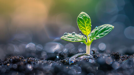 A green spring plant sprout emerges from the ground and flourishes under the rays of the sun