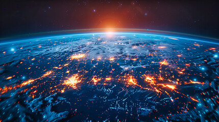 Fototapeta premium Planet Earth at night viewed from space, highlighting the illuminated cities and the global network of technology and communication across continents