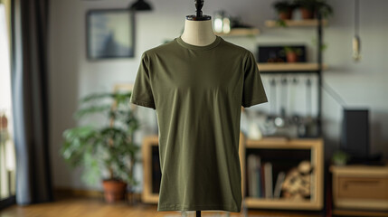 Fototapeta premium Olive Green T-Shirt on Mannequin in Home Interior