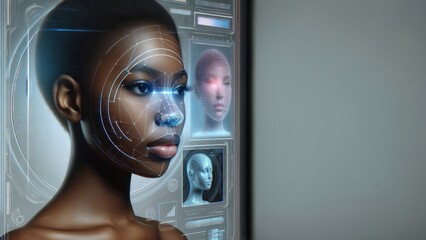 African woman engages with a high-tech digital interface for facial recognition, merging traditional culture with futuristic security technology