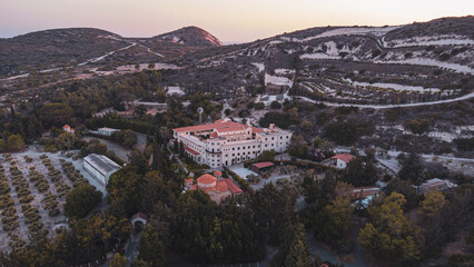 Aerial view of Agios Georgios Alamanou Monastery at sunset