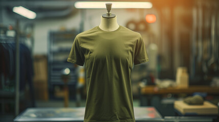 Olive Green T-Shirt on Mannequin in Workshop