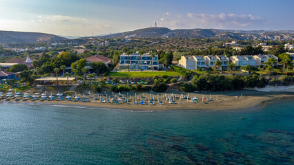 Aerial view of Governor's Beach, Cyprus on a sunny day
