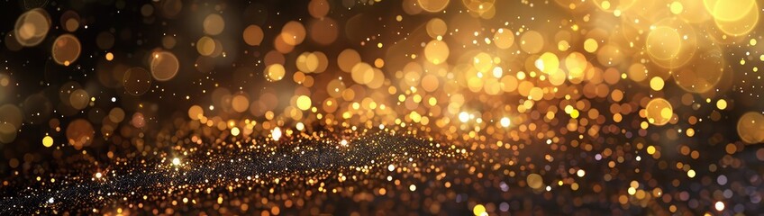 composition of gold particles with a depth of field 3d render ,3d rendering flickering gold particles. Abstract digital background - obrazy, fototapety, plakaty