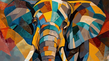 Vibrant elephant portrait captured in dynamic cubism style, bursting with colorful expression.