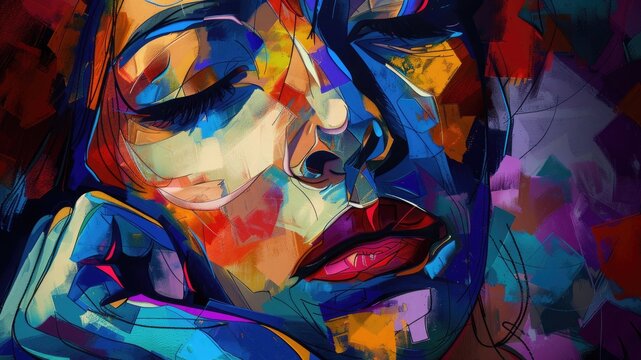 Stunning portrait of a girl with pained expression, showcasing sadness, depression, mental health in dynamic, colorful cubism style.
