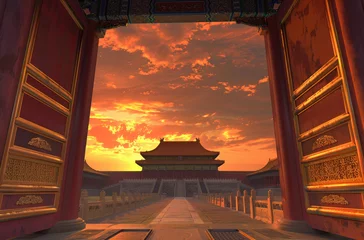 Fotobehang The majestic Forbidden City stands tall against the backdrop of an orange sunset sky, with its red walls and golden tiles gleaming under warm sunlight © Kien