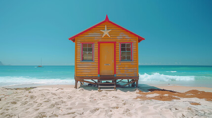 Fototapeta premium Colorful beach hut on sandy shore with clear blue sky and turquoise sea in the background.